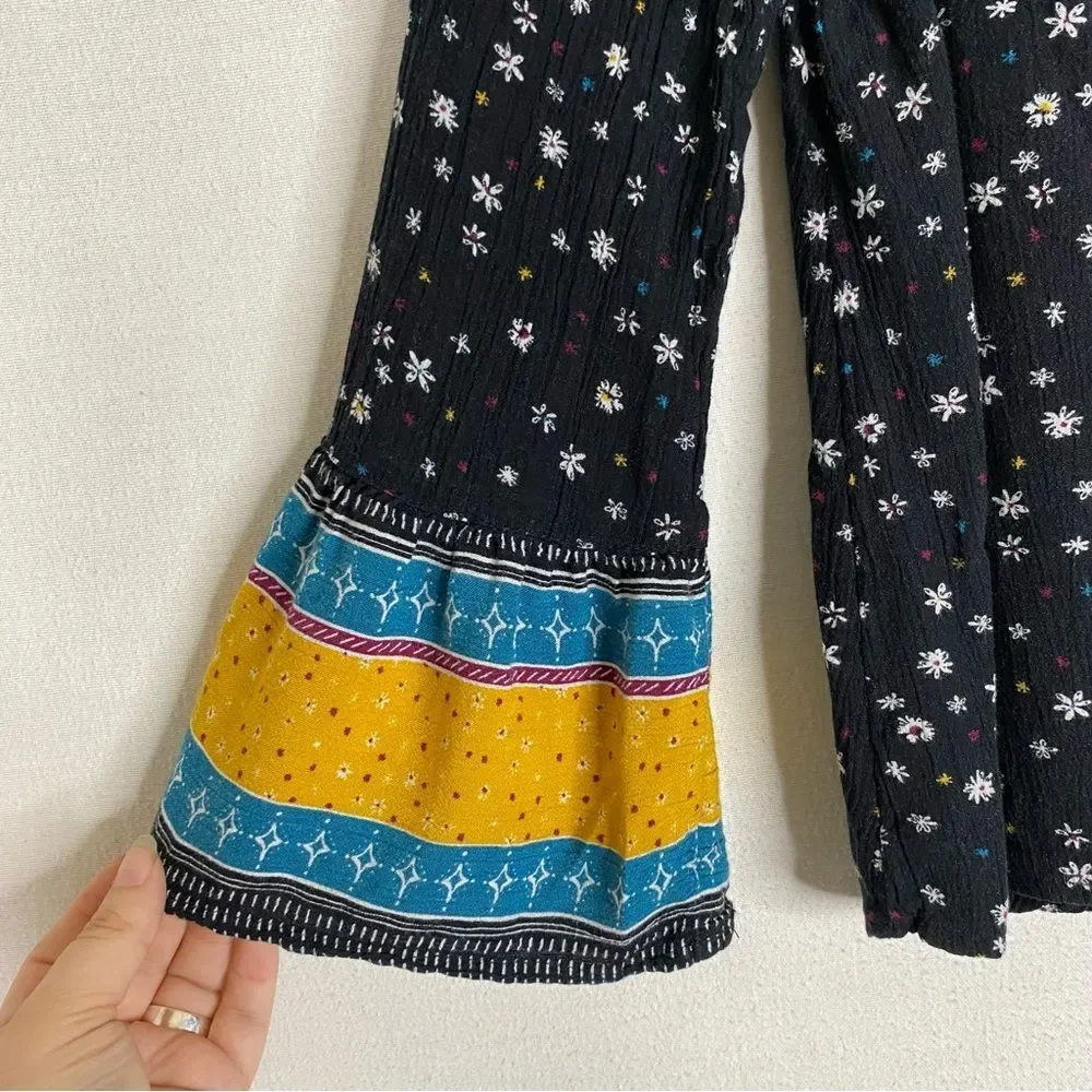 Mudd Top Girls Black Multi Color Button Down Tie Waist Floral Flare Sleeves 10